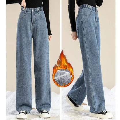 Winter Girls Plush Thermal High Waist Solid Jeans Lady Fleece Snow Warm Denim Pants Women Baggy Straight Leg Daily Trousers
