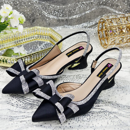 Elegant Gold Satin Rhinestone Bow Slingback Heel & Clutch Bag Set, Women Bridal Matching Kit For Wedding Party Evening Prom Form