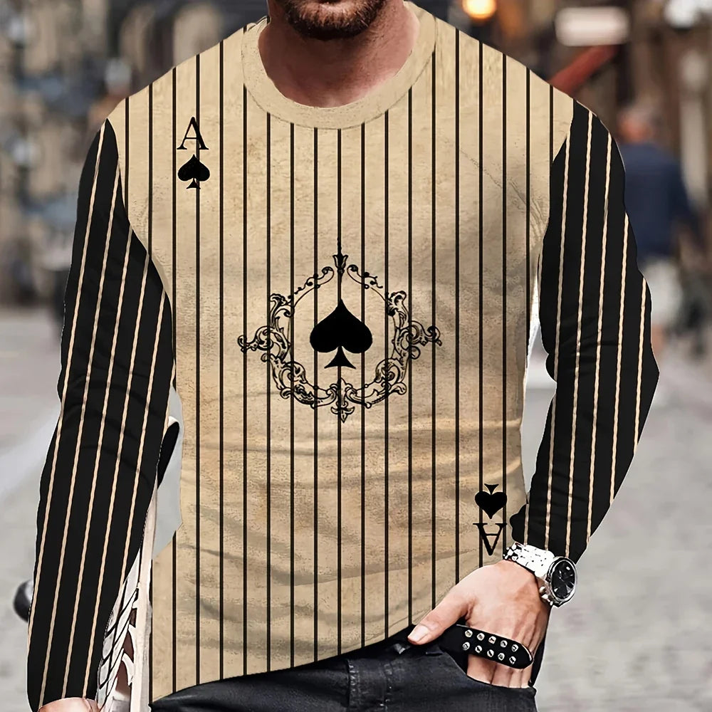 Summer Men's T-Shirt Big Size Loose Retro Short Sleeve Fashion American Poker Letter Print O Neck Long Sleeve Autumn Shirt