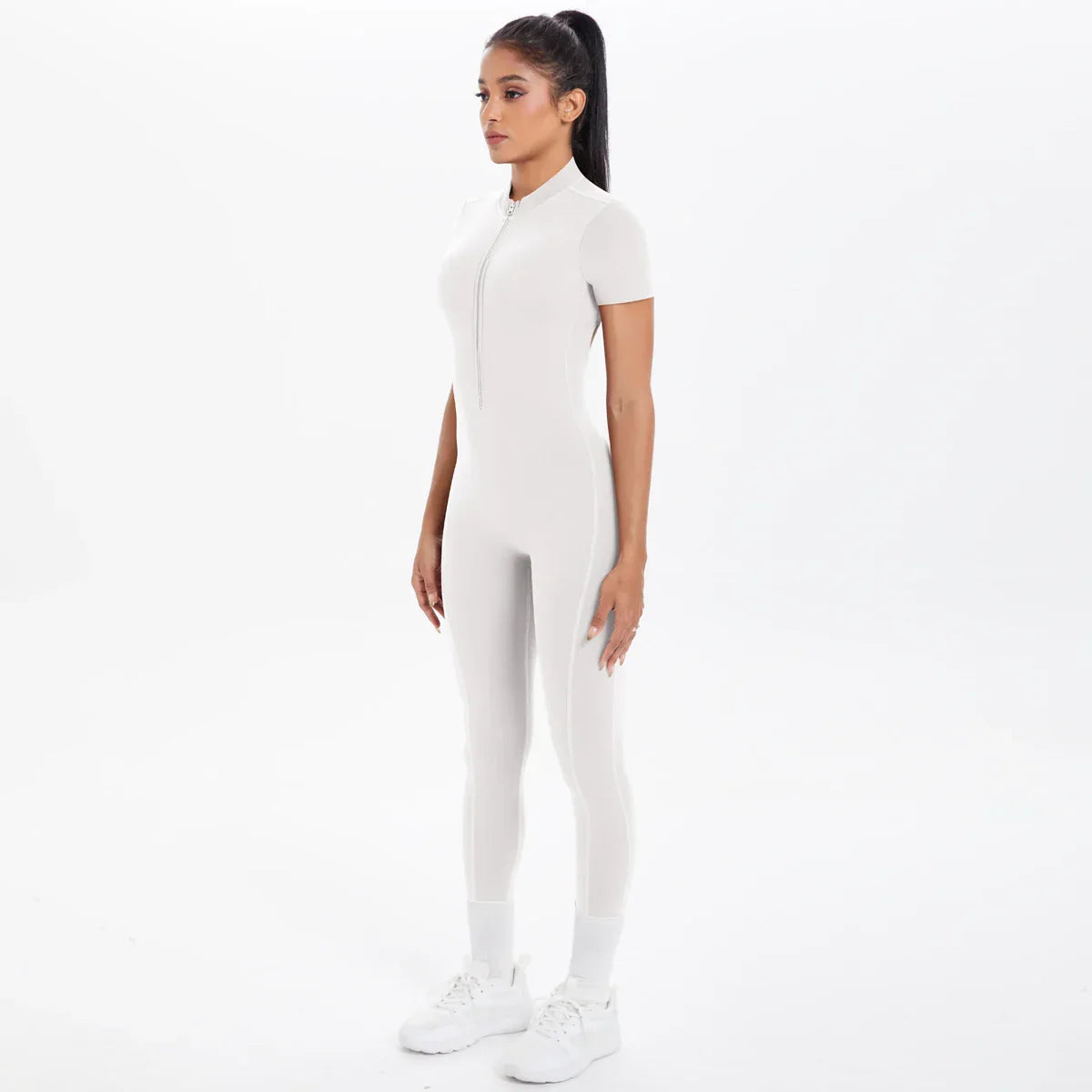 Short Sleeved Fitness Jumpsuit for Woman Bodysuits Backless Solid Color Scrunch One-Piece Suit Half Zipper Gym Yoga Sets Womens