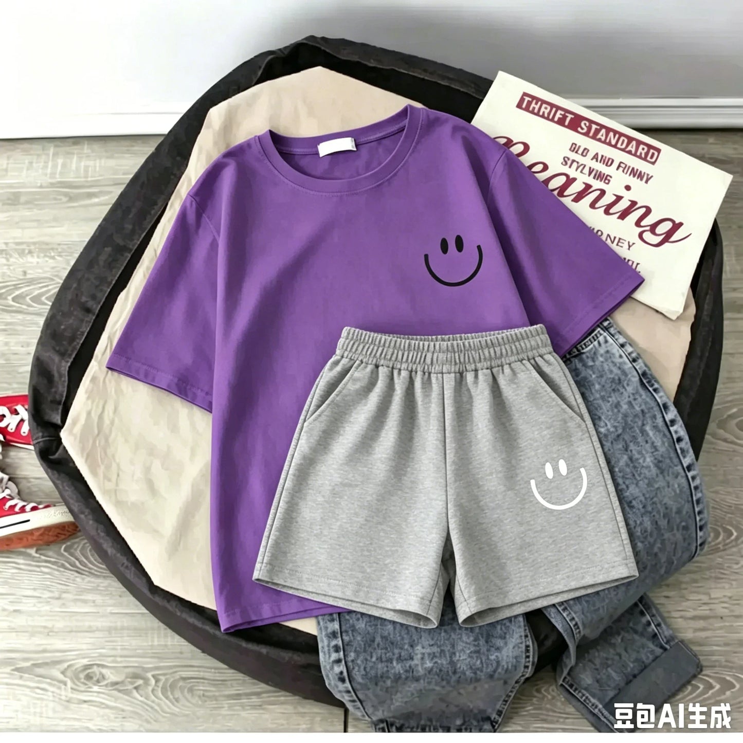 2026 New Summer Smiling Face Print Kids T-shirt Set Short-sleeved Pure Cotton Loose Basic Versatile Cool Simple Kids Outfit Tops