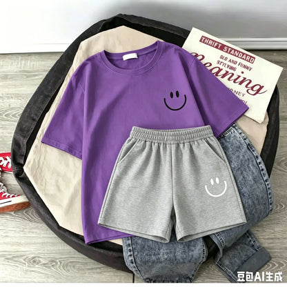2026 New Summer Smiling Face Print Kids T-shirt Set Short-sleeved Pure Cotton Loose Basic Versatile Cool Simple Kids Outfit Tops