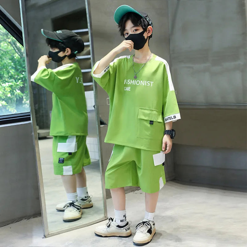 Summer Boys Patchwork Alphabet Half Sleeves T-Shirt Tops+Shorts Pant School Kids Tracksuit Child 2PCS Outfit Workout Set 5-16 Yr