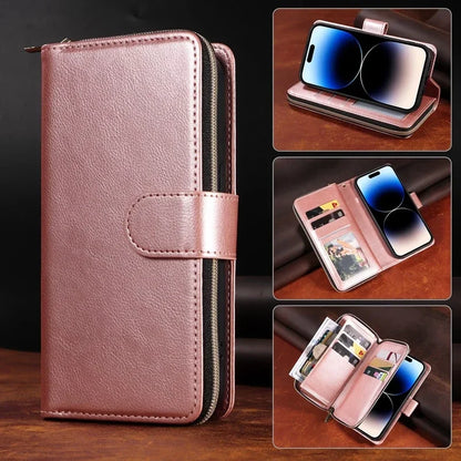 Double Layer Zipper Wallet Case with 9 Card Slots for iPhone 16 16E Pro Max 15 14 Plus13 12 Pro Max PU Leather Flip Cover