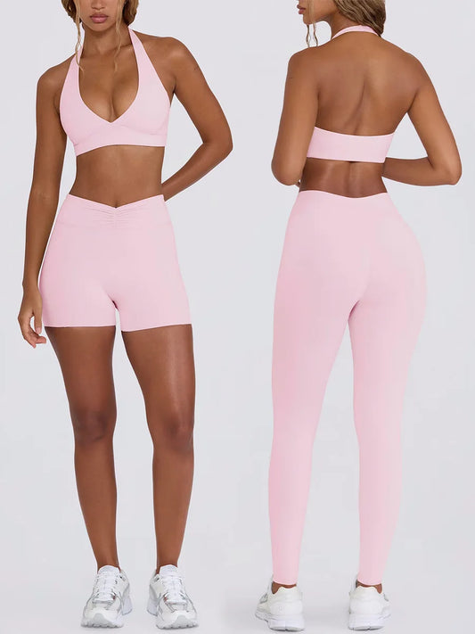 Women's Yoga Suits Quick Drying Leggings Gym Shorts Nude Hanging Neck Bra Running Gym Exercise Sets