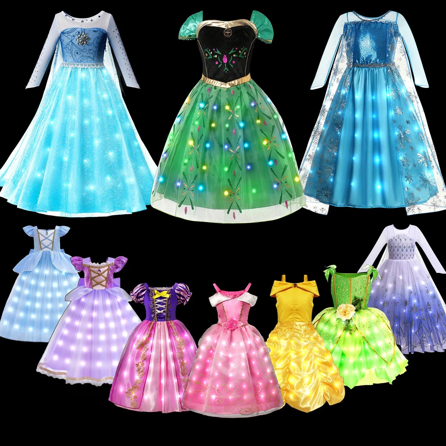 Girl Elsa Anna Princess Dress with LED Light Up Costume for Kids Cosplay Party Clothes Rapunzel Aurora Outfit Carnival Prom Gown