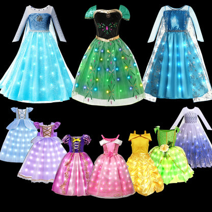 Girl Elsa Anna Princess Dress with LED Light Up Costume for Kids Cosplay Party Clothes Rapunzel Aurora Outfit Carnival Prom Gown