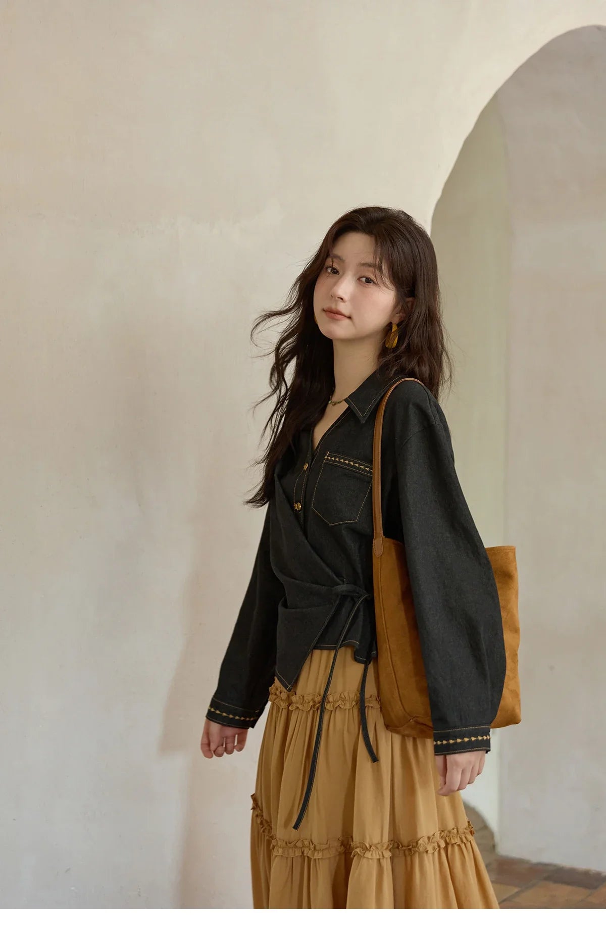 Autumn Retro Black Imitation Denim Shirt 2025 Side Lace-up Solid Shirts Lapel V-neck Retro Button Casual Tops MXE42C2374