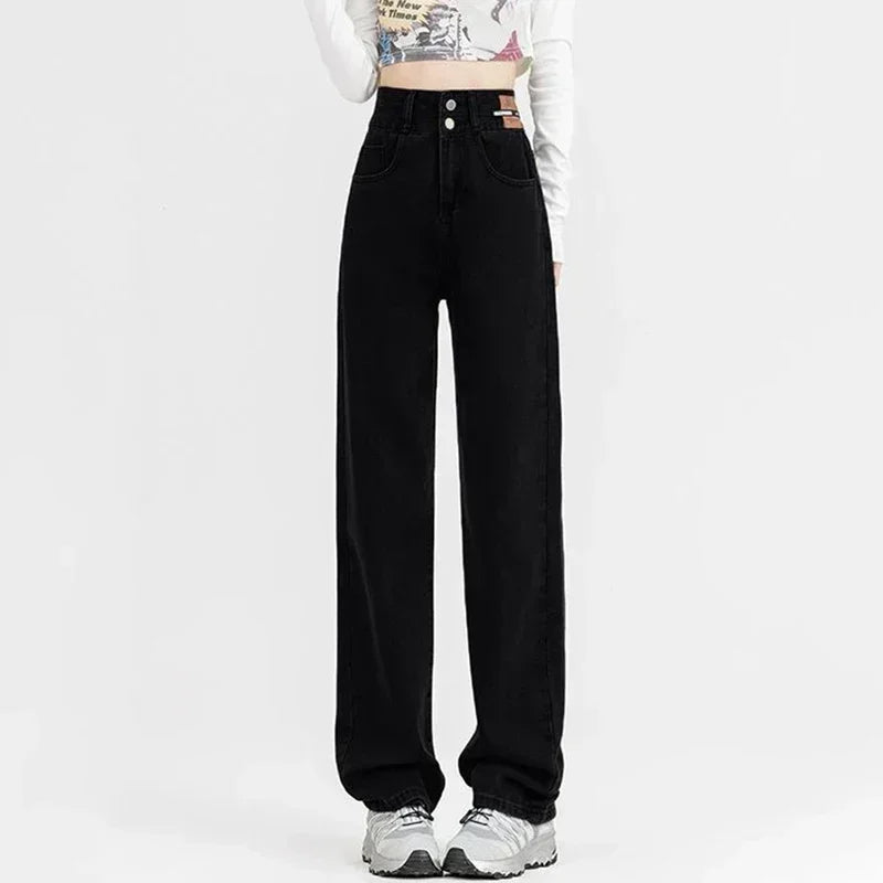 New Woman Korean Double Buckle Design Jeans Female Winter Snow Warm Thermal Plush Pants Girls Popular High Waist Denim Trousers