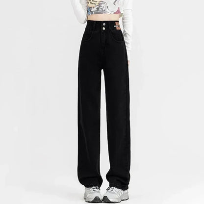 New Woman Korean Double Buckle Design Jeans Female Winter Snow Warm Thermal Plush Pants Girls Popular High Waist Denim Trousers
