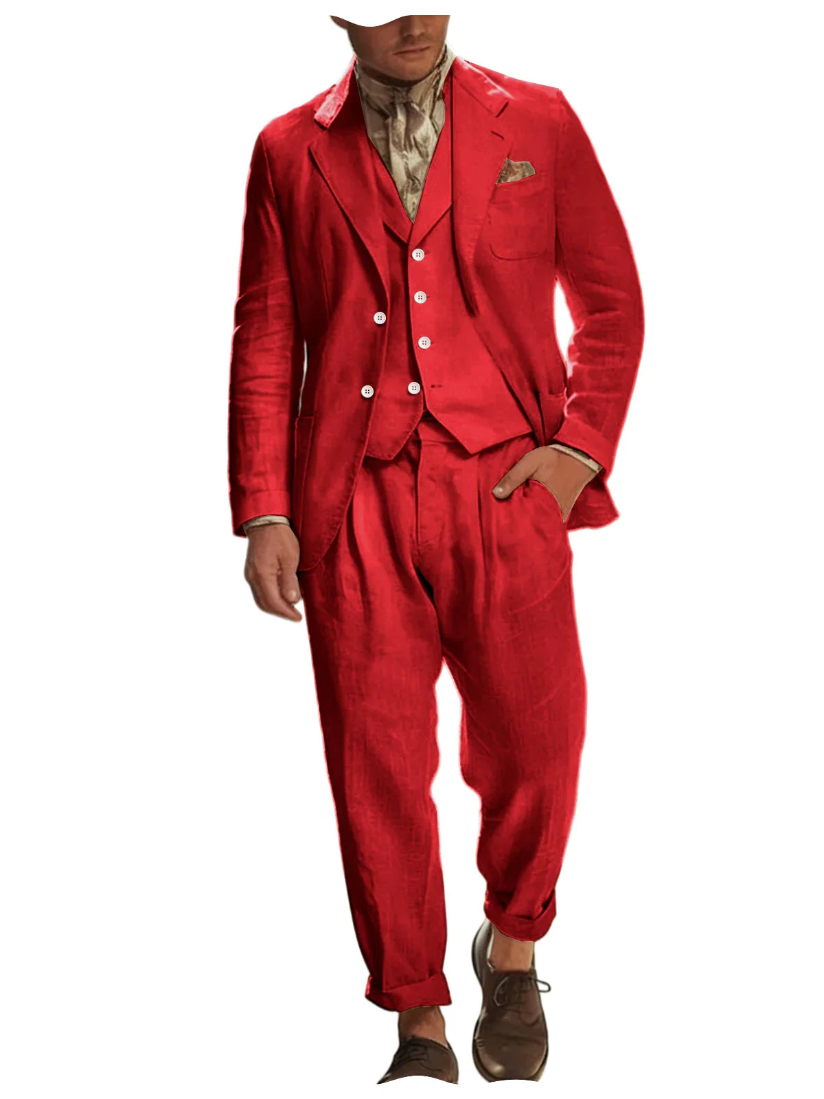 Italian Style Men's Linen 3 Piece Set Notch Lapel 2 buttons Blazer+Vest+Pants Breathable Lightweight Summer Casual Business Suit