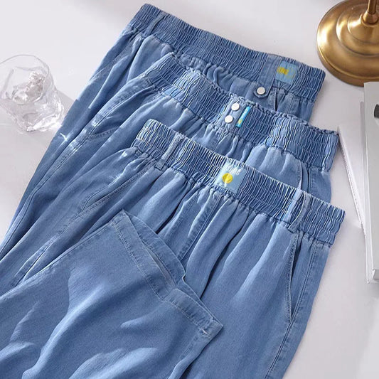 Women's Ice Silk Denim Pants Yoga Sports Thin Loose Style Summer Casual Wide Leg Harajuku Loose Waist