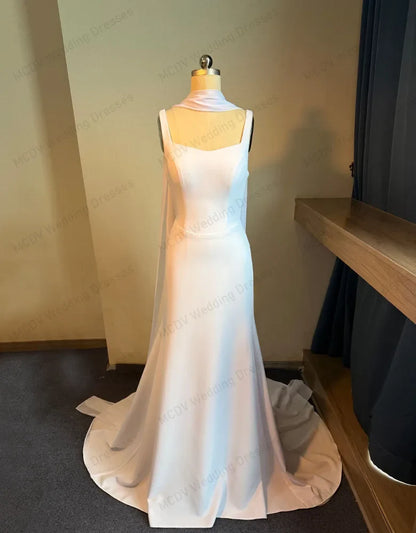 Civil Wedding Dress 2026 Square Collar Mermaid Backless Bride Gowns with Ribbons Sweep Train Vestido Noiva Customized