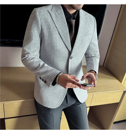 Autumn Winter Thick Wool Plaid Suit Jacket 2025 New Men's Slim Fit Casual Fashion Formal Business Socia Party Jacket Coats