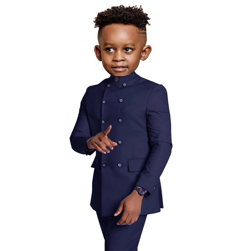 Stylish Elegant Boys Stand-up Collar Suits 2 Pieces Jacket Pants Formal Party Wear Double Breasted Kids Suit Set 2-20T