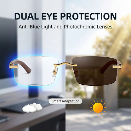Photochromic Sunglasses Women Change Colour Rimless Sunglass Men Square Fashion Glasses UV400 Protection Wooden Shades Gafas