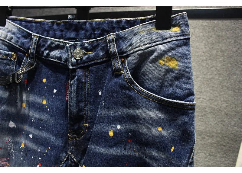 Street Fashion Men Jeans Retro Blue Stretch Slim Fit Spliced Ripped Jeans Men Painted Designer Hip Hop Vintage Denim Pants Homme