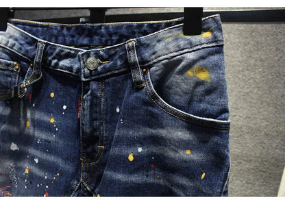 Street Fashion Men Jeans Retro Blue Stretch Slim Fit Spliced Ripped Jeans Men Painted Designer Hip Hop Vintage Denim Pants Homme
