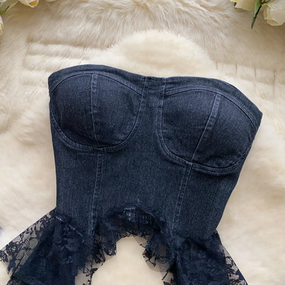 Lace Splice Denim Tops Female Strapless Sleeveless Elastic Slim Fit Camsiole Summer Streetwear Irregular Tank Tops