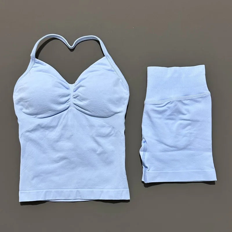 2 Piece Sports Set Women Seamless Yoga Tank With Removable Pads Top Scrunch Butt Workout Leggings Suit Gym Sports Sets