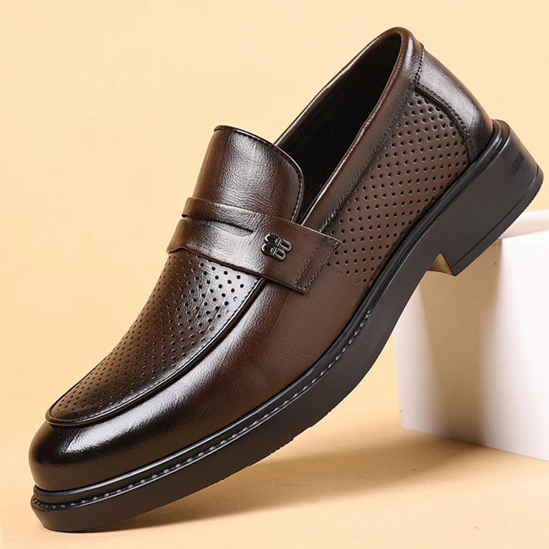 Mens Black Penny Loafers With Perforated Detail Slip On Comfortable Breathable Dress Shoes For Business Office And Summer Wear