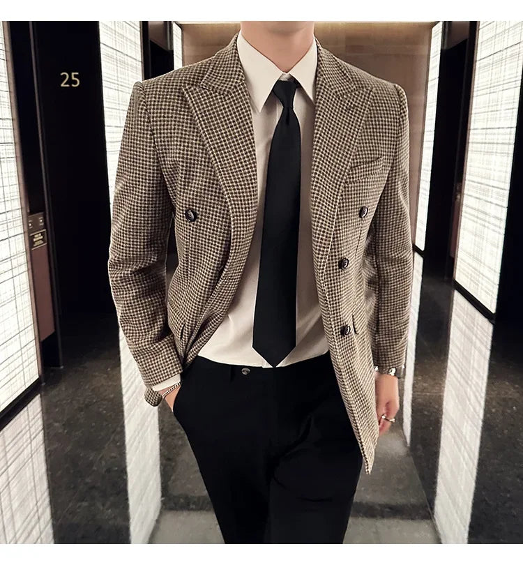 British Style Men Double Breasted Slim Fit Blazer 2024 New Houndstooth Slim Fit Suit Jacket Formal Business Wedding Dress Jacket