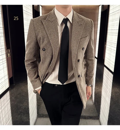 British Style Men Double Breasted Slim Fit Blazer 2024 New Houndstooth Slim Fit Suit Jacket Formal Business Wedding Dress Jacket