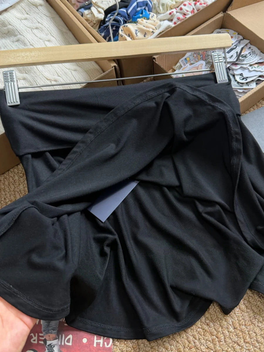 Black Foldover Mini Skirts Woman Elastic Low Waist A-line Short Faldas Summer Casual Simple Solid Preppy Style All-match Skirt