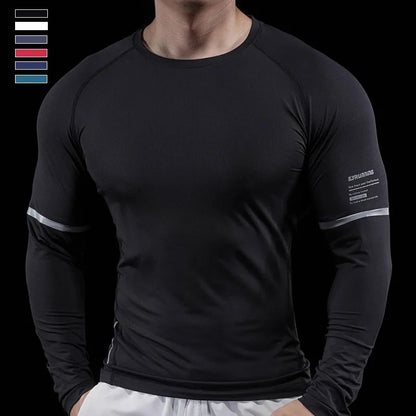 Autumn New Men's Sports Gym Fitness Clothes Reflective Strips Round Neck Training Long-sleeved T-shirt Running Slim Breathable