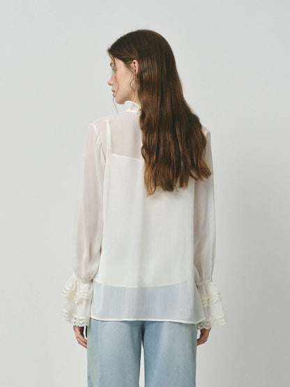 Autumn 2025 French-Inspired Blouse - Flounce Trim Long Sleeve Lace-Detailed Elegant Office Ready Romantic Top Women