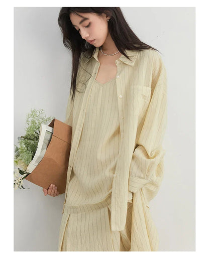 Women Dress Sets Stripe Shirt Loose Casual Long Sleeve Sunscreen Blouses Camisole V-neck Dresses Spring Autumn 2025