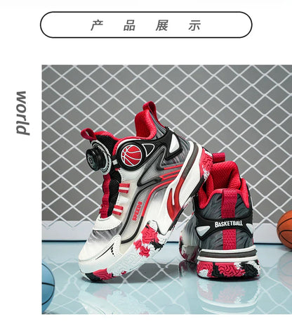 Children's basketball shoes boys' waterproof leather surface rotating buckle anti-slip and shock-absorbing student sports shoes