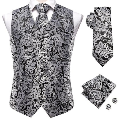 Luxury Mens Waistcoat Tie Set White Black Gray Silver Brown Sleeveless Jacket Suit Vest Necktie Hanky Cufflinks Gift
