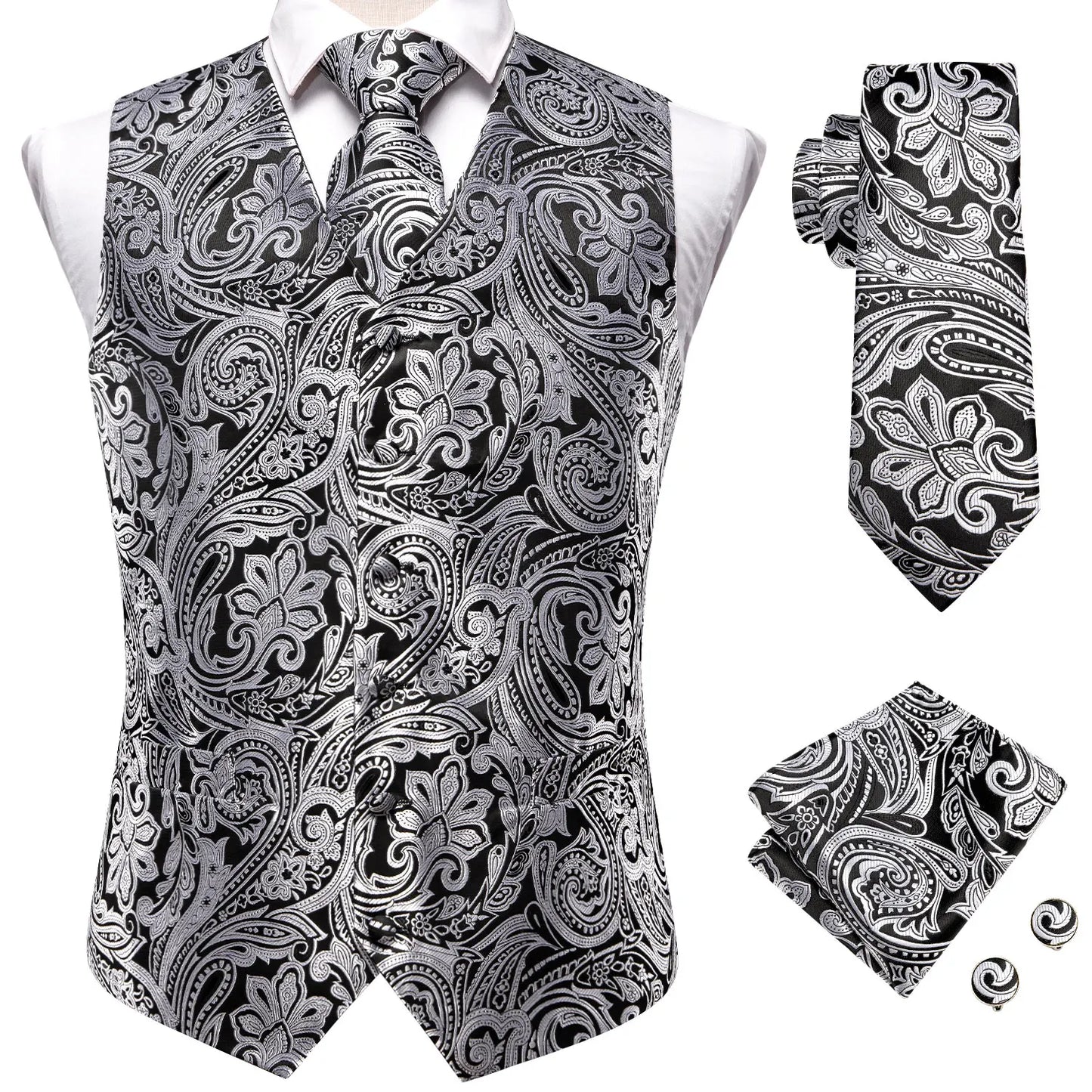 20 Color Men's Vests Tie Business Formal Dress Slim Sleeveless Jacket 4PC Hanky Cufflink Blue Paisley Suit Waistcoat