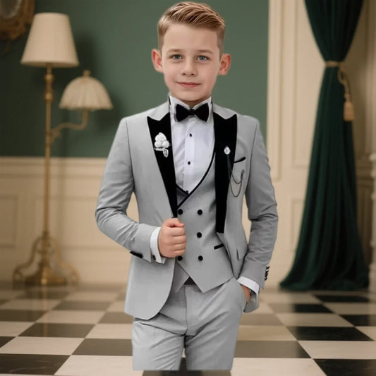 Black Velvet Collar Suit Set for Boys, Formal Graduation Suits, Slim Fitting Wedding Suit for Children, Blazer Vest Pants