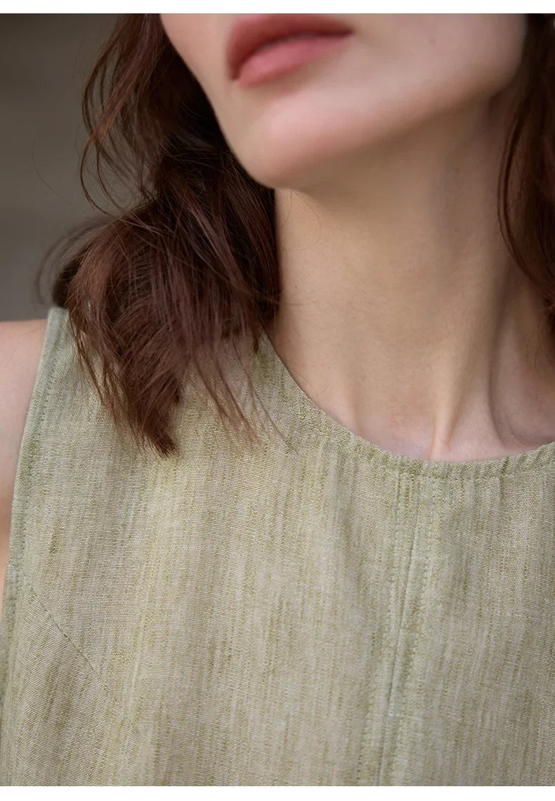 100% Linen Mid-Length Round Neck Women's Tank Top American Vintage Ladies Top Mujer Summer Lace-up Loose Sleeveless Tops
