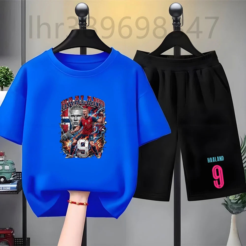 Summer Tees Football Famous General Print Set Suitable Children Short Sleeve Girls Boy Set Tshirt+Shorts 2pcs Kids Clothing