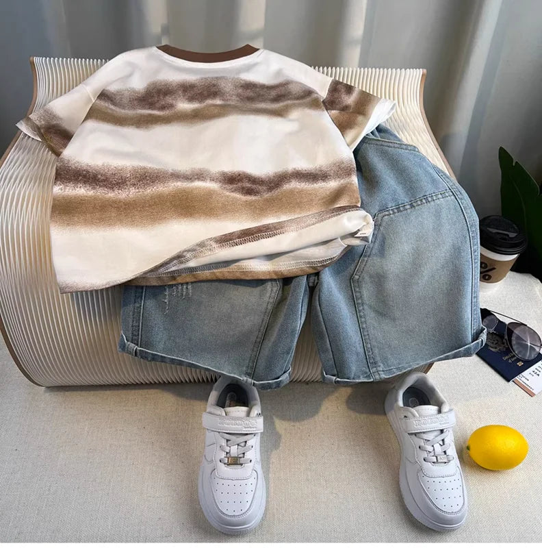 Korean Children's Summer Clothes Kids Set Outfits Boys 2026 Handsome Sleeveless&Short Sleeved T-shirt Denim Shorts 2-piece Set