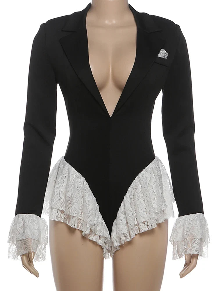 Sexy Ruffle Bodysuit Women Jacquard Deep V-Neck Lapel Tierred Patchwork Full Sleeve Elegant Stretch Skinny Clubwear