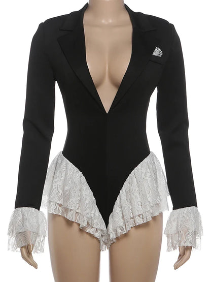 Sexy Ruffle Bodysuit Women Jacquard Deep V-Neck Lapel Tierred Patchwork Full Sleeve Elegant Stretch Skinny Clubwear