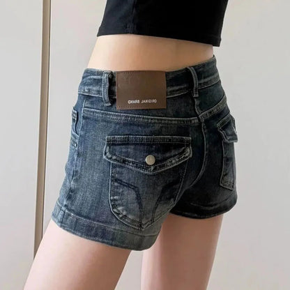 American Style High Street Retro Jean Shorts Female Y2K Low-Waisted Elastic Denim Shorts Woman Gothic Sexy Clubwear Short Jeans