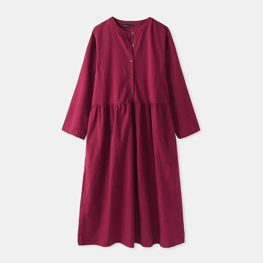 Women's Elegant Solid Cotton Robe Femme 2022 Spring Autumn Bohemian Maxi Dress ZANZEA Casual Long Sleeve Shirt Dresses Oversized