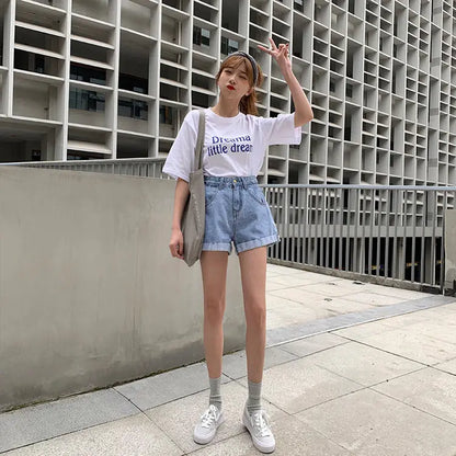 Women's Denim Shorts Wide With Belt High Waist Female Short Jeans Pants Trend 2025 New In Offer Aesthetic Hot Elasticty Outfits