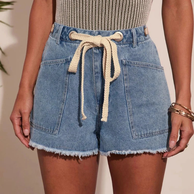 Women's High Waist Denim Shorts with Drawstring Front Pockets Frayed Hem Summer Casual Jeans Shorts