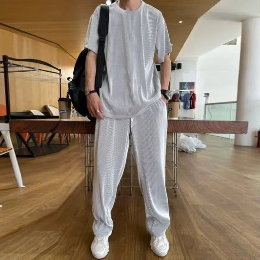 High-End Ice Silk Men's Sports Suit Casual Home Use Long Pants Short Sleeves Quick Drying Top Set Summer Collection