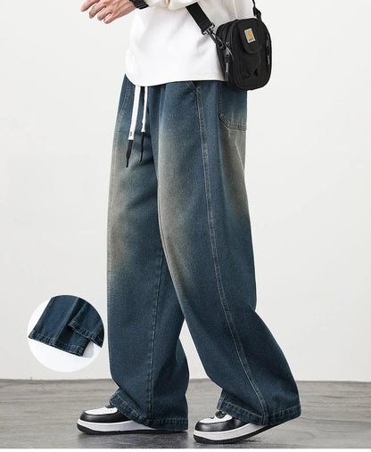 Plus Size M-8XL Baggy Jeans Men's Blue Black Streetwear Elastic Waist Y2K Trousers Fashion Straight Leisure Wide Denim Pants