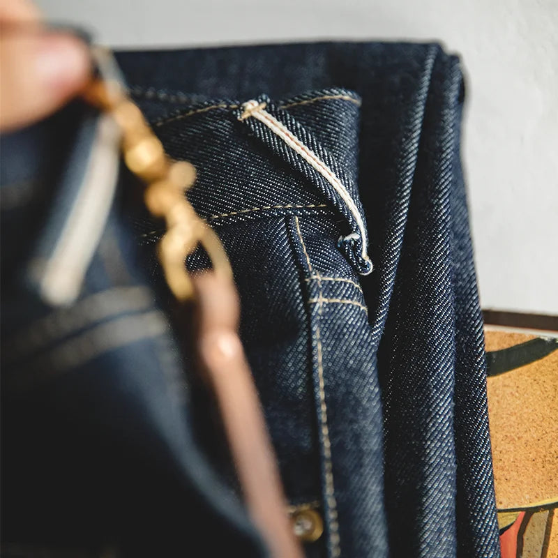 Vintage Raw Denim Jeans for Men Cargo Selvedge Denim Jeans Slim Fit Straight Trousers 13.5OZ Mid Waist Dark Blue Pants