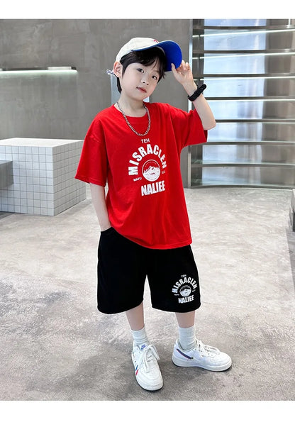 Summer Boys Cotton Leisure Print T-Shirt Top+Shorts Pant Contrast Set School Kids 2PCS Tracksuit Children Vacation Outfit 5-16Yr