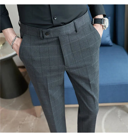 2026 Classic Men's Slim Fit Plaid Striped Casual Pants Fashion Business Slim Fit Suit Pants Formal Groom Wedding Dress Trousers