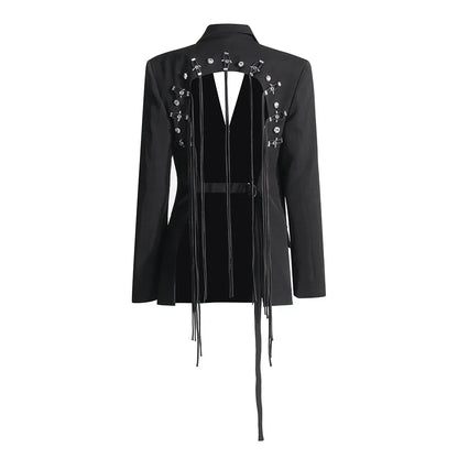 Patchwork Diamonds Backless Blazer For Women Notched Collar Long Sleeve Spliced Button Chic Blazers Female Style